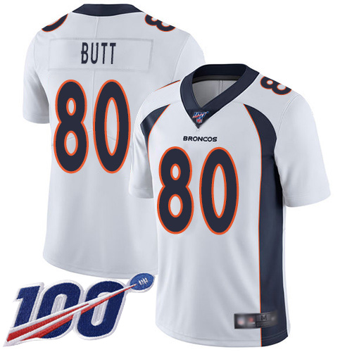Men Denver Broncos #80 Jake Butt White Vapor Untouchable Limited Player 100th Season Football NFL Jersey